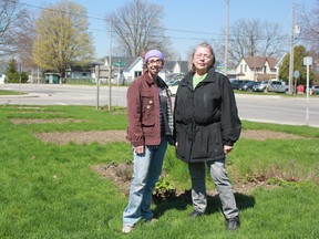 Darcie Beckley, left, and Mary Ellen Best stand at the Kains Street community garden in St. Thomas. There are several plots left at the Kains Street location and a few left at the First Avenue site. (Laura Broadley/Times-Journal)