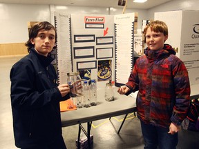 Grade 7 students from Huron Centennial, Isaac Bennewies and Patrick Denys display their magnetic fluid science project April 12 in Seaforth.(Shaun Gregory/Huron Expositor)