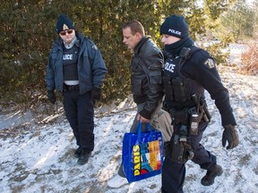 A man is taken into custody by RCMP officers after crossing the U.S.-Canada border in Hemmingford, Que., on March 5, 2017. (Graham Hughes/The Canadian Press)