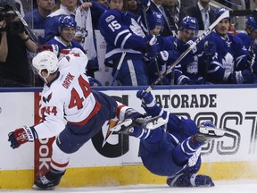 Toronto Maple Leafs forward Nazen Kadri hits Brooks Orpik during Game 3 at the Air Canada Centrein Toronto on April 17, 2017. (Michael Peake/Toronto Sun/Postmedia Network)