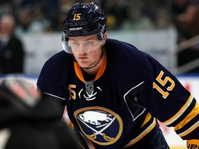 Jack Eichel of the Buffalo Sabres waits for a faceoff against the Pittsburgh Penguins during the second period at the KeyBank Center on March 21, 2017. (Kevin Hoffman/Getty Images)