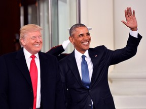President Barack Obama (R) and President-elect Donald Trump smile at the White House before the inauguration on January 20, 2017 in Washington, D.C. Trump becomes the 45th President of the United States. (Photo by Kevin Dietsch-Pool/Getty Images)