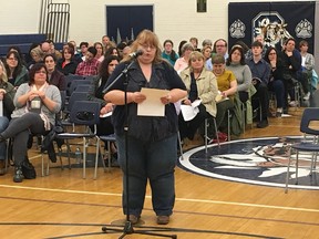 BRUCE BELL/THE INTELLIGENCER 
Angela McPherson speaks members of the Hastings and Prince Edward District School board at the second of two public meetings at Quinte Secondary School on Wednesday evening. The meeting was held to gather public input on the board’s long-term capital and accommodation review.