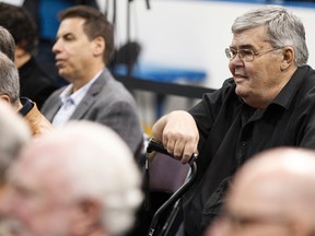 The Edmonton Sun's Terry Jones listens to Wayne Gretzky speak during an Edmonton Oilers media availability with the members of the Stanley Cup winning 83-84 Oilers at Rexall Place in Edmonton, Alta., on Wednesday, Oct. 8, 2014. Players and coaches spoke about the historic win against the New York Islanders, reminisced about the past and had a group photo taken. The 84 reunion event is set for Oct. 10, 2014. Ian Kucerak/Edmonton Sun