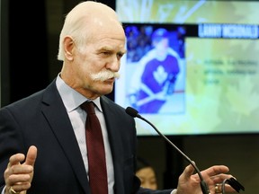Canada's Sports Hall of Fame announces its 2017 class of inductees at the InterContinental hotel in Toronto on April 19, 2017. Lanny McDonald at the podium. (Veronica Henri/Toronto Sun/Postmedia Network)