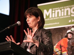Janice Martell, project founder, speaks about the McIntyre Powder Project intake clinics at the Workplace Safety North Mining health and safety conference on Wednesday. (Gino Donato/Sudbury Star)