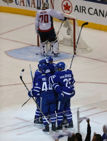 Toronto maple Leafs celebrate James van Riemsdyk LW (25) goal during the second period of Game 4 in Toronto on Wednesday April 19, 2017. Jack Boland/Toronto Sun/Postmedia Network