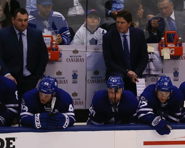 Toronto Maple Leafs Mike Babcock on the bench during a break during the second period of Game 4 in Toronto on Wednesday April 19, 2017. Jack Boland/Toronto Sun/Postmedia Network
