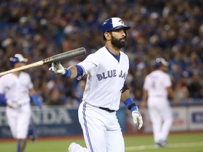 Jose Bautista of the Toronto Blue Jays reacts after flying out to end the second inning during his team's game against the Boston Red Sox at Rogers Centre on April 19, 2017. (TOM SZCZERBOWSKI/Getty Images)