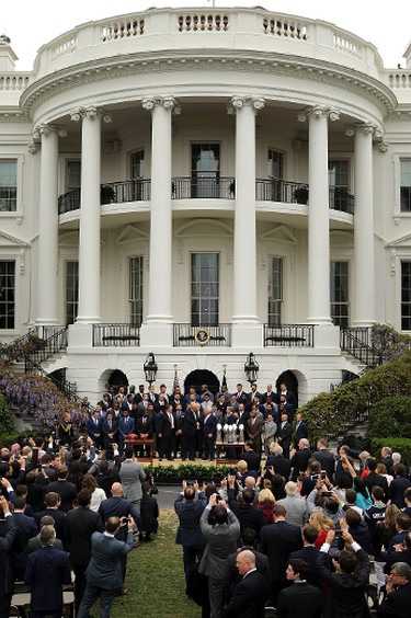 WASHINGTON, DC - APRIL 19:  U.S. President Donald Trump poses for photographs with the New England Patriots during a celebration of the team's Super Bowl victory on the South Lawn at the White House April 19, 2017 in Washington, DC. It was the team's fifth Super Bowl victory since 1960.  (Photo by Chip Somodevilla/Getty Images)