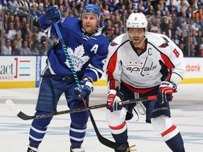 Alex Ovechkin #8 of the Washington Capitals skates against Leo Komarov #47 of the Toronto Maple Leafs in Game Three at the Air Canada Centre on April 17, 2017 in Toronto. (Claus Andersen/Getty Images)