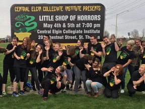 Ronnie Lewis, the voice of Audrey II in Central Elgin Collegiate Institute's coming production of Little Shop of Horrors, shows cast- and crew mates she's "a mean, green mother from outer space." In addition to performances next week, the show has been offering workshops to area elementary students. (Contributed)