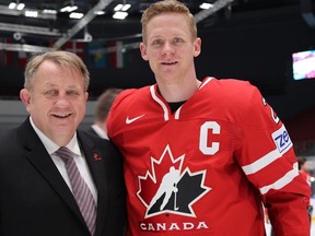 Photo of Bob Martin (left) and Corey Perry at 2016 world hockey championships in Russia. HANDOUT