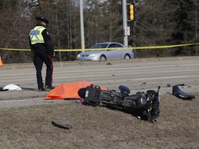 One man is dead after a motorcycle collided with a bus near 157 Avenue and 97 Street in Edmonton, AB on Thursday, April 20, 2017. Photo by Greg Southam/Postmedia