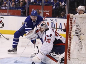 Toronto Maple Leafs forward Zach Hyman in front of Washington Capitals goalie Braden Holtby during Game 4 at the Air Canada Centre in Toronto on April 19, 2017. (Michael Peake/Toronto Sun/Postmedia Network)