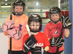 The Lucknow Recreation Department offers $2 Ball Hockey Nights on Monday and Wednesday from 6:30-7:30 p.m. in April. There is no registration required, all are welcome to play with designated courts for different age groups. Pictured: Raelin Pennington, Annan Moffat, Nolan Moffat were suited up for ball hockey. (Ryan Berry/ Kincardine News and Lucknow Sentinel)