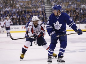 Alex Ovechkin chases Jake Gardiner as the Maple Leafs host the Capitals in Game 4 at the Air Canada Centre in Toronto on April 19, 2017. (Michael Peake/Toronto Sun/Postmedia Network)