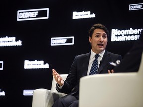 Prime Minister Justin Trudeau is interviewed by Bloomberg Editor-in-Chief John Micklethwait in Toronto on Thursday, April 17, 2017. THE CANADIAN PRESS/Christopher Katsarov