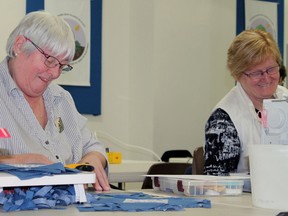 Photo by Jesse Cole.
Diana Cole (left) and Fran Peacock spent the day quilting in preparation of the County Quilting Guild’s Canada 150 showing this summer.