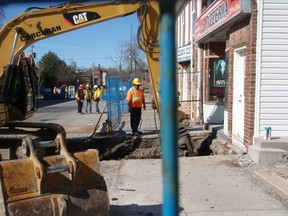 Customers at La Pizzeria in downtown Napanee may find access at the front door blocked while some construction work is being done there, but customers are reminded that there is a back entrance and parking is available. Many downtown businesses will be using their back entrances during the 11-week Diggin’ Downtown project. (Christine Peets/Postmedia Network)