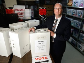 Mayor Matt Brown in the basement storage room at City Hall where ballot boxes and other election night equipment is kept. Photo taken on Wednesday April 19, 2017. (MORRIS LAMONT, The London Free Press)