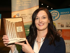 Melanie Cropp, leader of the OLG Slots Bet on Green team, is one of three recipients of the Environmental Champion award in Sudbury, Ont. on Thursday April 20, 2017. John Lappa/Sudbury Star/Postmedia Network