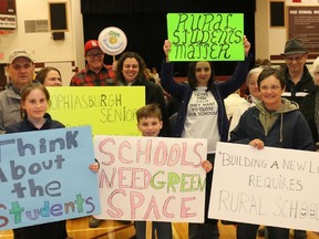 BRUCE BELL/THE INTELLIGENCER
A group from the Sophiasburgh Central School district showed up signs for the second public meeting for the Hastings and Prince Edward District Board’s long-term capital and accommodation plan.