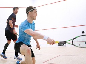 Sudbury's Mike McCue gets set to return the ball during the Professional Squash Association (PSA) Northern Open quarter-final action against Christopher Binnie of Jamaica   in Sudbury, Ont. on Thursday April 20, 2017. The event continues on Friday with semi-final action beginning at 6:30 p.m. and wraps up with the championship match at 4 p.m. on Saturday. Gino Donato/Sudbury Star/Postmedia Network