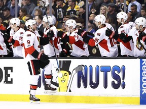 Bobby Ryan of the Ottawa Senators celebrates with his teammates after scoring against the Boston Bruins during Game 4 at TD Garden on April 19, 2017. (Maddie Meyer/Getty Images)