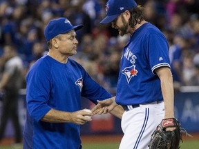Blue Jays manager John Gibbons takes the ball from relief pitcher Jason Grilli, who gave up a three-run double in the 10th inning of a 4-1 loss to the Boston Red Sox on April 20, 2017. (CRAIG ROBERTSON/Toronto Sun)