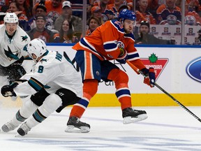 Edmonton Oilers forward Leon Draisaitl battles the San Jose Sharks' Joe Pavelski at Rogers Place in Edmonton on Thursday, April 20, 2017. (David Bloom)