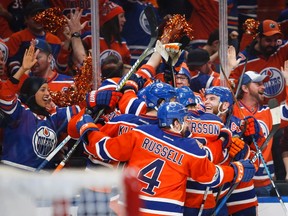Edmonton Oilers celebrate their win following overtime NHL hockey round one playoff action against the San Jose Sharks, in Edmonton on April 20, 2017.