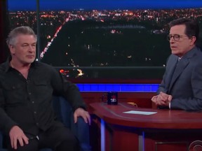 Alec Baldwin, left, on "The Late Show with Stephen Colbert." (screengrab)