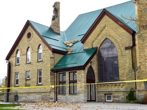 First Baptist Church in Petrolia was struck by lightning Thursday evening, damaging the rear chimney and a new steel roof. (Melissa Schilz/Postmedia Network)