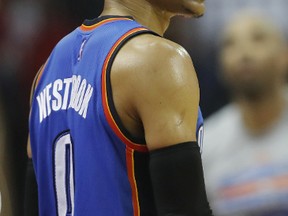 Russell Westbrook of the Oklahoma City Thunder reacts to a foul call in the first half of Game 2 of the Western Conference quarterfinals game against the Houston Rockets on April 19, 2017. (Tim Warner/Getty Images)