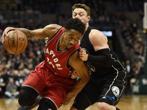DeMar DeRozan of the Toronto Raptors works against Matthew Dellavedova of the Milwaukee Bucks during Game 3 of the Eastern Conference Quarterfinals at the BMO Harris Bradley Center on April 20, 2017. (Stacy Revere/Getty Images)
