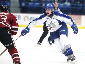 Sudbury Wolves defenceman Patrick Sanvido is shown in action against the Guelph Storm in Sudbury, Ont. on Friday December 30, 2016. Gino Donato/Sudbury Star/Postmedia Network