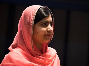 Malala Yousafzai looks on during a ceremony to name her as a United Nations Messenger of Peace at UN headquarters, April 10, 2017 in New York City. Yousafzai, who is the youngest winner of the Nobel Peace Prize, will now become the youngest to be named a United Nations Messenger of Peace. (Photo by Drew Angerer/Getty Images)