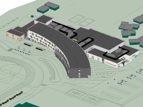Limestone District School Board
A new artist’s rendering of the updated design for the new intermediate and secondary school on the site of the former Queen Elizabeth Collegiate as of April 2017. The drawing is 3D, looking southwest.
