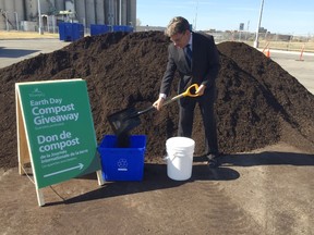 The City of Winnipeg is marking Earth Day with a compost giveway. The compost, created from yard waste collection, will be doled out for free at the 4R Winnipeg Depot at 1120 Pacific Ave., from 10 a.m. to 4 p.m. Saturday, April 22, 2017, as long as supplies last. Coun. Brian Mayes (St. Vital), chair of city council's water and waste committee, digs a shovel full of compost.