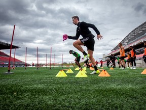 An Ottawa Fury FC runs a drill during practice yesterday at TD Place. The Fury hosts TFC II in its home opener today. (POSTMEDIA NETWORK)