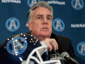 Toronto Argonauts manager speaks at a press conference in Toronto on Thursday December 1, 2011. The Argonauts have fired general manager Jim Barker. The move comes after Toronto finished last in the East Division with a league-worst 5-13 record.