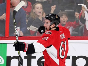 Senators' Mark Stone celebrates a scoring a goal against the Bruins in Game 5 Friday night. (Wayne Cuddington/Postmedia Network)