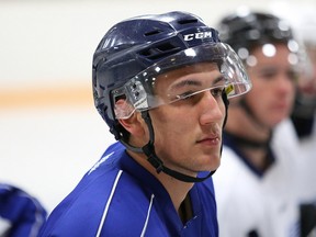 Defenceman Bray Crowder listens to Sudbury Wolves coaches during prospect orientation camp at Gerry McCrory Countryside Sports Complex on Saturday. Son of former NHL tough guy Troy Crowder, the 18-year-old Sudbury native attended camp as a free-agent invitee after a season with the Amarillo Bulls of the North American Hockey League. John Lappa/The Sudbury Star/Postmedia Network