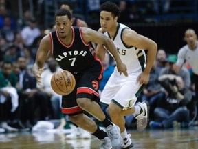 Raptors' Kyle Lowry steals the ball from Bucks' Malcolm Brogdon during the first half of Game 4 of an NBA first-round playoff series in Milwaukee on Saturday, April 22, 2017. (Morry Gash/AP Photo)
