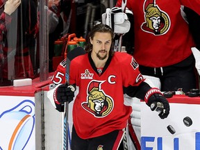 Erik Karlsson hits the ice for the warm up before the first period as the Senators take on the Bruins in Game 5 of their Eastern Conference playoff series in Ottawa on Friday, April 21, 2017. (Wayne Cuddington/Postmedia)
