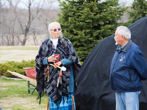 Elders-in-Residence Mae Louise Campbell (left) and Jules Lavallee take part in a special cultural ceremony to official open the Red River College's first sweat lodge on Thursday, April 20, 2017 in Winnipeg. The sweat lodge is available for students, staff and faculty at Red River College.
SUBMITTED PHOTO/Red River College