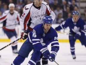 Maple Leafs forward Matt Martin skates with the puck during action against the Capitals in Game 4 of their first-round NHL playoff series in Toronto on April 19, 2017. (Michael Peake/Toronto Sun)