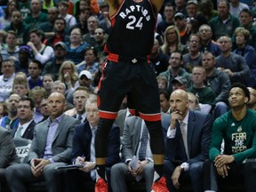 Raptors' Norman Powell shoots a three pointer during the second half against the Bucks in Game 4 of the Eastern Conference quarterfinals in Milwaukee on Saturday, April 22, 2017. (Mike McGinnis/Getty Images)