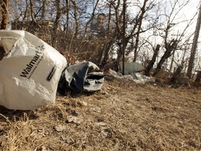 Garbage is caught on fences and bushes on 50st and 55 ave in Edmonton, Alberta on Thursday, Apr 10, 2014.  High winds have blown a large amount of loose plastic and paper around the city.  File photo